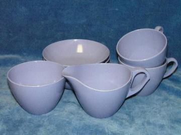 catalog photo of vintage melmac dishes, lavender