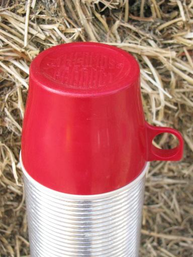 photo of vintage ribbed aluminum Thermos bottle w/ cups for hunting, fishing, camping #5