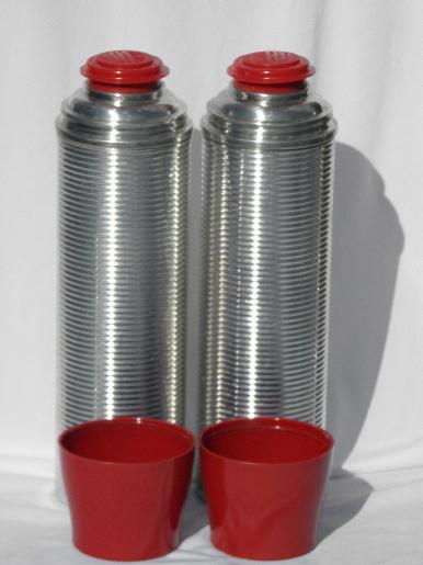 photo of vintage ribbed aluminum thermos vacuum bottles for picnics, tailgating #7