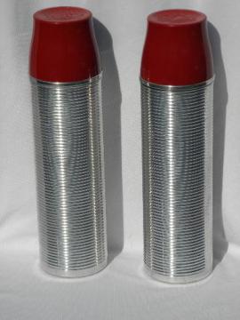 catalog photo of vintage ribbed aluminum thermos vacuum bottles for picnics, tailgating