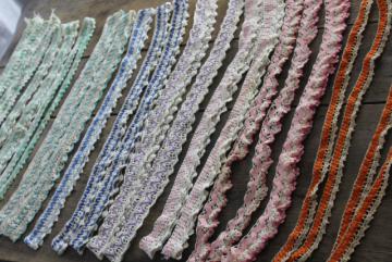 catalog photo of vintage rick-rack lace, handmade crochet edgings, colorful sewing trim for pillowcases