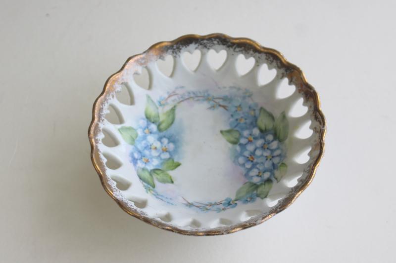 photo of vintage ring dish, hand painted forget-me-nots china w/ hearts pierced border #1