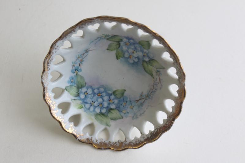 photo of vintage ring dish, hand painted forget-me-nots china w/ hearts pierced border #4