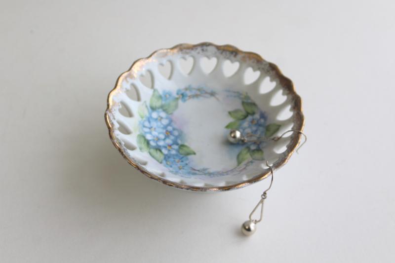 photo of vintage ring dish, hand painted forget-me-nots china w/ hearts pierced border #5