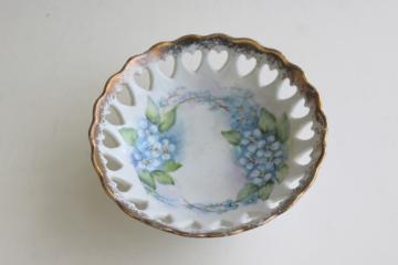 vintage ring dish, hand painted forget-me-nots china w/ hearts pierced border