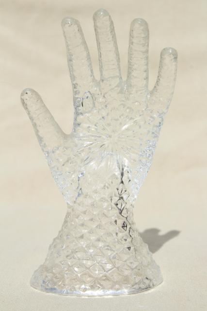 photo of vintage ring holder, crystal clear pressed glass lady's hand to hold rings #2