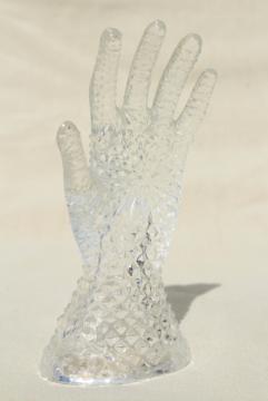 catalog photo of vintage ring holder, crystal clear pressed glass lady's hand to hold rings