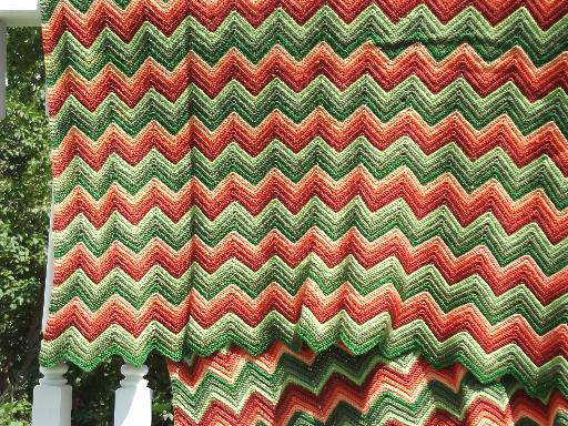 photo of vintage ripple crochet afghan, retro striped shades of green & brown #1