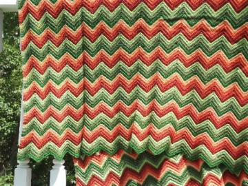 catalog photo of vintage ripple crochet afghan, retro striped shades of green & brown