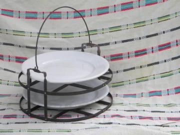 catalog photo of vintage riveted iron picnic pie/cake carrier w/white ironstone plates