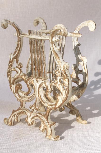 photo of vintage rococo style cast metal lyre harp music stand / magazine rack, antique gold & white #1