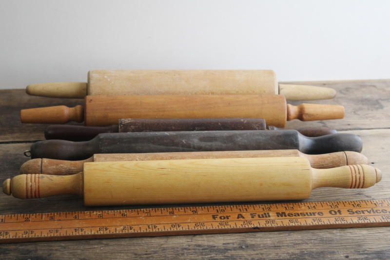 photo of vintage rolling pins lot, six wood rolling pins dark & light wood w/ old worn patina #1