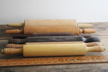 catalog photo of vintage rolling pins lot, six wood rolling pins dark & light wood w/ old worn patina