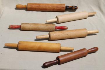 catalog photo of vintage rolling pins, old wood rolling pin collection, primitive kitchenware