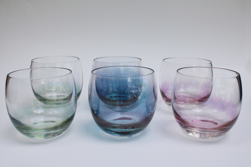 photo of vintage roly poly round tumblers, lowball glasses w/ iridescent colors #1