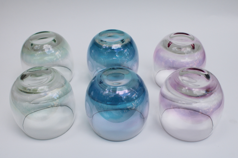 photo of vintage roly poly round tumblers, lowball glasses w/ iridescent colors #5