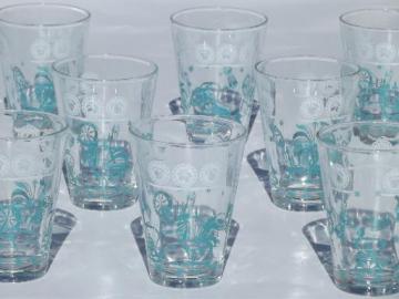 catalog photo of vintage rooster print drinking glasses, set of 8 aqua rooster tumblers