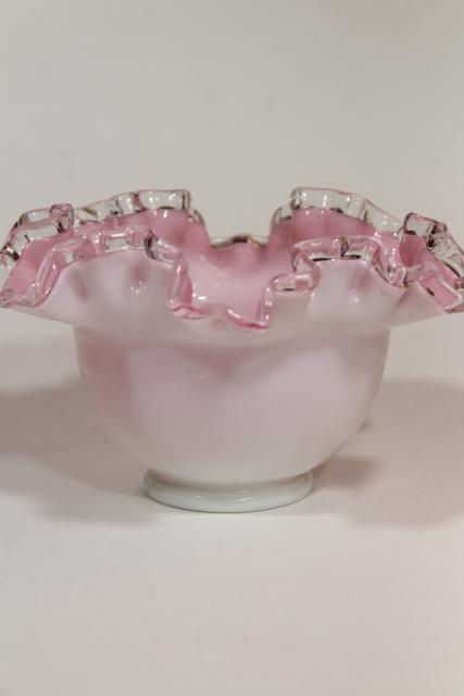 photo of vintage rose bowl vase, Fenton silver crestpink white cased glass clear ruffle crimped rim #1