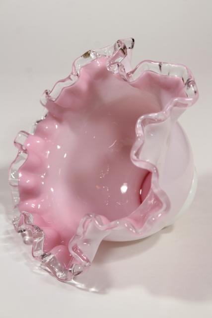 photo of vintage rose bowl vase, Fenton silver crestpink white cased glass clear ruffle crimped rim #2