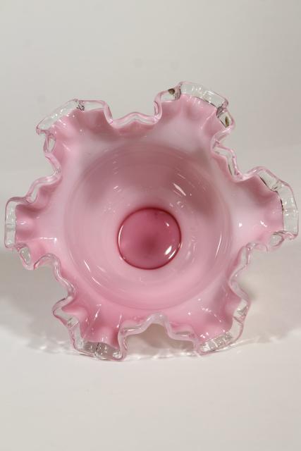 photo of vintage rose bowl vase, Fenton silver crestpink white cased glass clear ruffle crimped rim #3