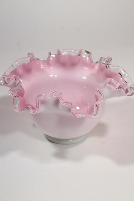 photo of vintage rose bowl vase, Fenton silver crestpink white cased glass clear ruffle crimped rim #4