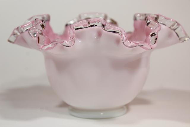 photo of vintage rose bowl vase, Fenton silver crestpink white cased glass clear ruffle crimped rim #5