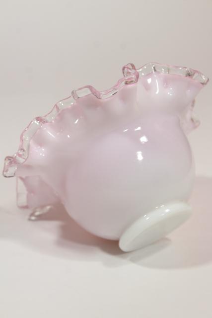 photo of vintage rose bowl vase, Fenton silver crestpink white cased glass clear ruffle crimped rim #8