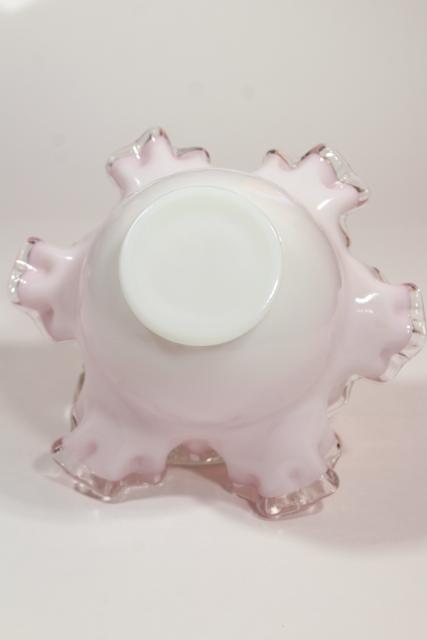 photo of vintage rose bowl vase, Fenton silver crestpink white cased glass clear ruffle crimped rim #9