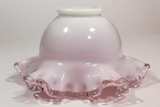 photo of vintage rose bowl vase, Fenton silver crestpink white cased glass clear ruffle crimped rim #10