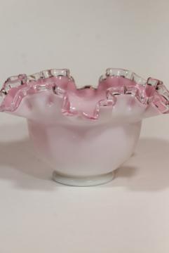 catalog photo of vintage rose bowl vase, Fenton silver crestpink white cased glass clear ruffle crimped rim