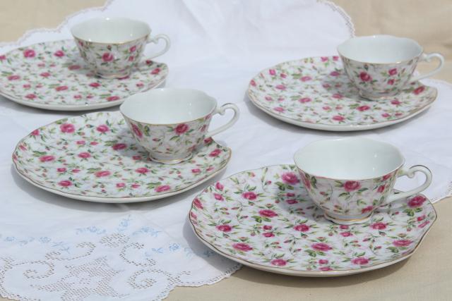 photo of vintage rose chintz pattern Lefton china snack luncheon sets, plates & tea cups for 4 #3