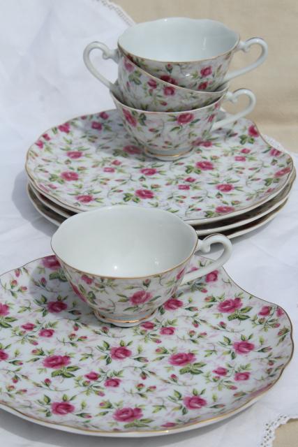 photo of vintage rose chintz pattern Lefton china snack luncheon sets, plates & tea cups for 4 #4