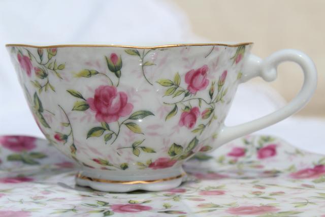 photo of vintage rose chintz pattern Lefton china snack luncheon sets, plates & tea cups for 4 #7