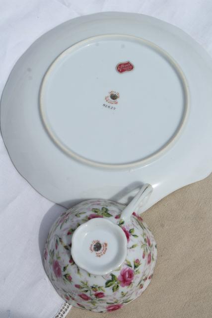 photo of vintage rose chintz pattern Lefton china snack luncheon sets, plates & tea cups for 4 #9