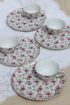 catalog photo of vintage rose chintz pattern Lefton china snack luncheon sets, plates & tea cups for 4