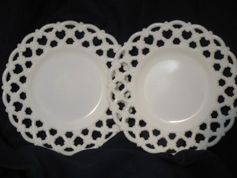photo of vintage rose lattice open lace milk glass plates, lacy edge border #1