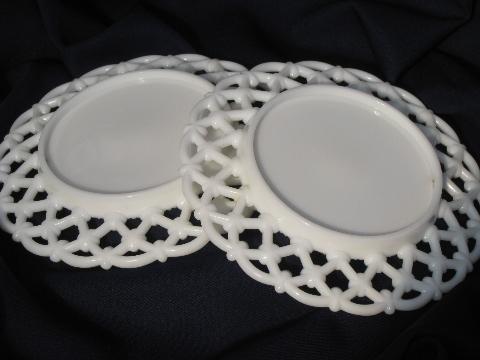 photo of vintage rose lattice open lace milk glass plates, lacy edge border #3