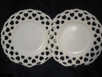 catalog photo of vintage rose lattice open lace milk glass plates, lacy edge border