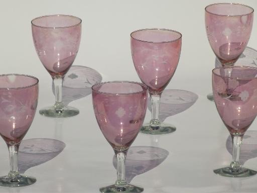 photo of vintage rose luster wine glasses w/ flowers, wheel cut glass stemware #1