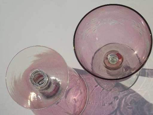 photo of vintage rose luster wine glasses w/ flowers, wheel cut glass stemware #5