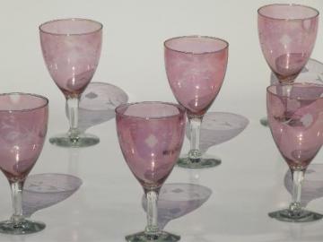 catalog photo of vintage rose luster wine glasses w/ flowers, wheel cut glass stemware