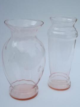 catalog photo of vintage rose pink depression glass flower vase lot, old antique vases