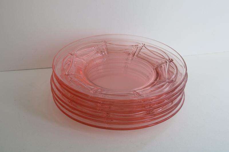 photo of vintage rose pink glass luncheon or salad plates, spoke and swag pattern elegant glass #6