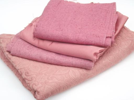 photo of vintage rose pink upholstery fabric lot, linen weave, satin, brocade  #1