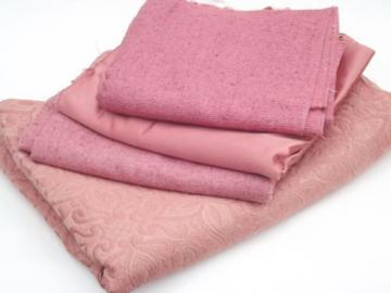 catalog photo of vintage rose pink upholstery fabric lot, linen weave, satin, brocade 