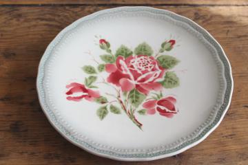 vintage rose stencil faience pottery plate, French country style w/ old Germany mark