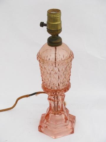 photo of vintage rose-pink depression glass table lamp, original 1930s electric fittings #2