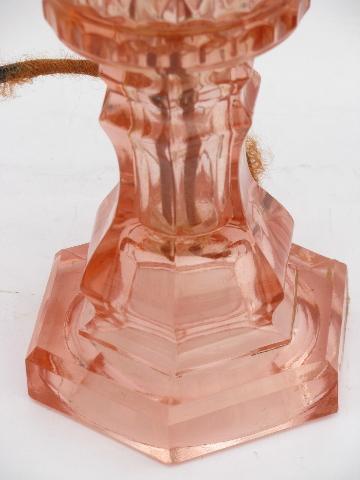 photo of vintage rose-pink depression glass table lamp, original 1930s electric fittings #3