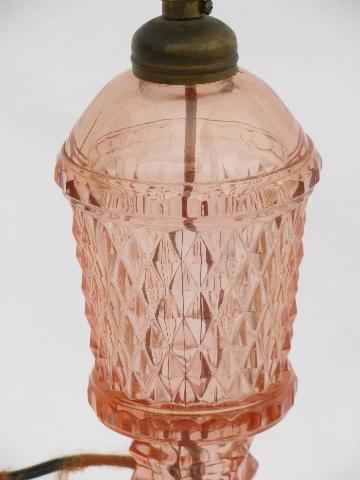 photo of vintage rose-pink depression glass table lamp, original 1930s electric fittings #4