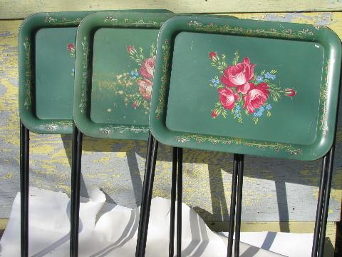 photo of vintage roses on green tole litho print metal folding TV tray tables #2